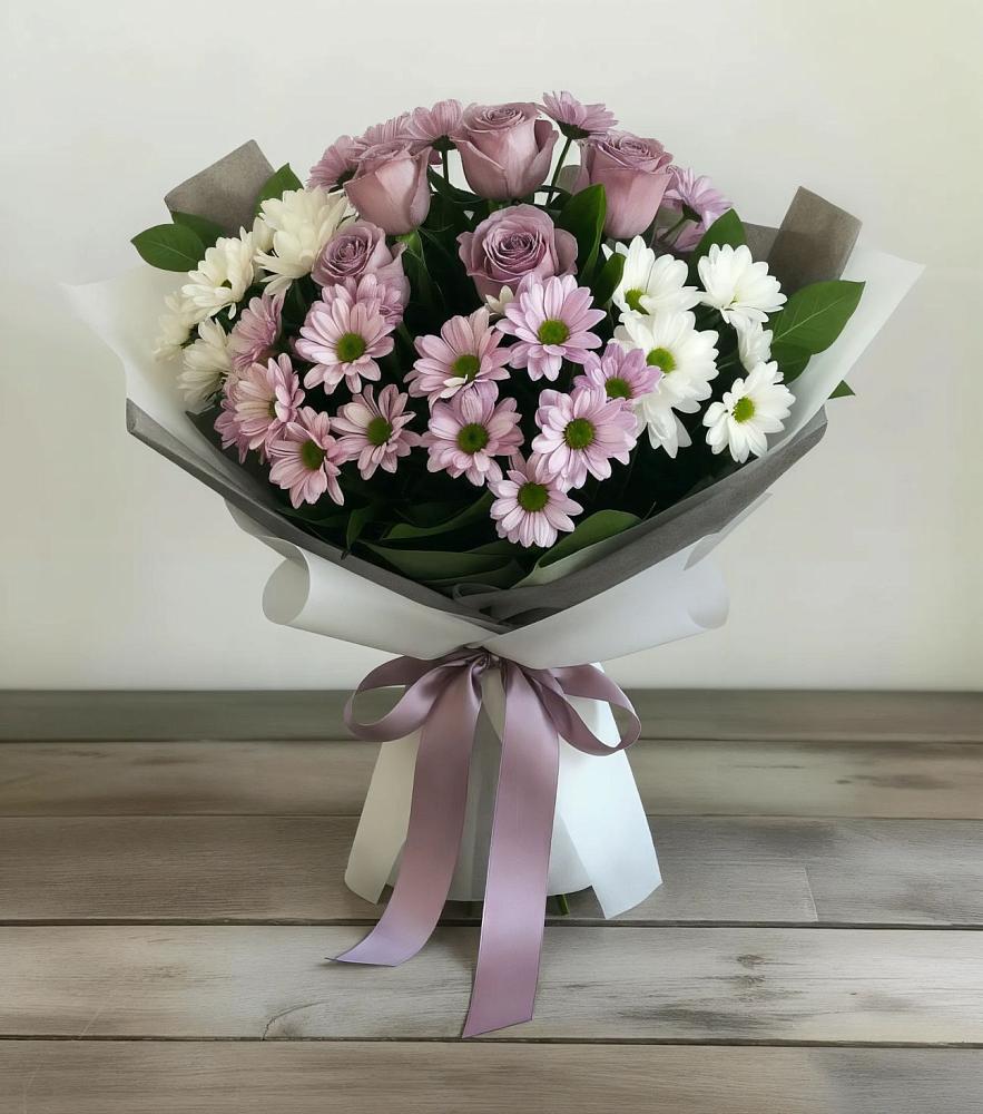 Букет цветов из: Хризантемы и Розы в Троицком Сахалинской области