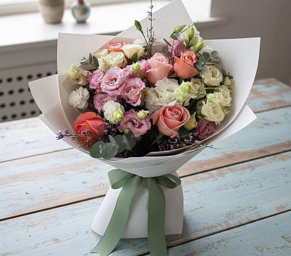 Букет цветов из: Розы, Лизиантусы и Гвоздики в Троицком Сахалинской области