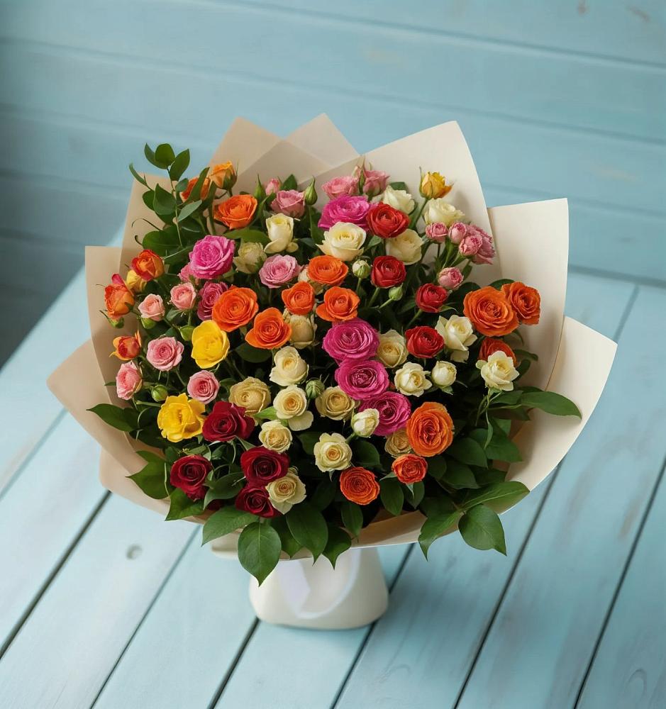 Букет Микс из разноцветных кустовых роз в Троицком Сахалинской области