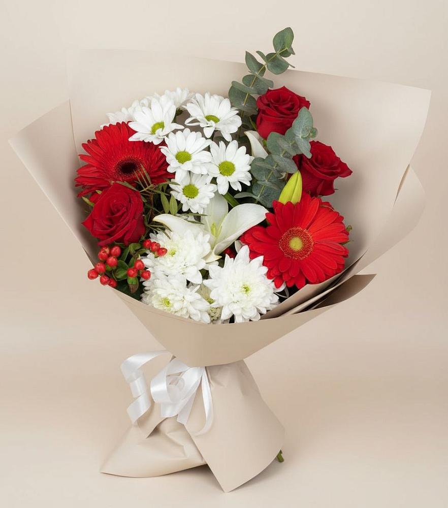 Букет цветов из: Розы, Хризантемы, Герберы и Лилии в Троицком Сахалинской области