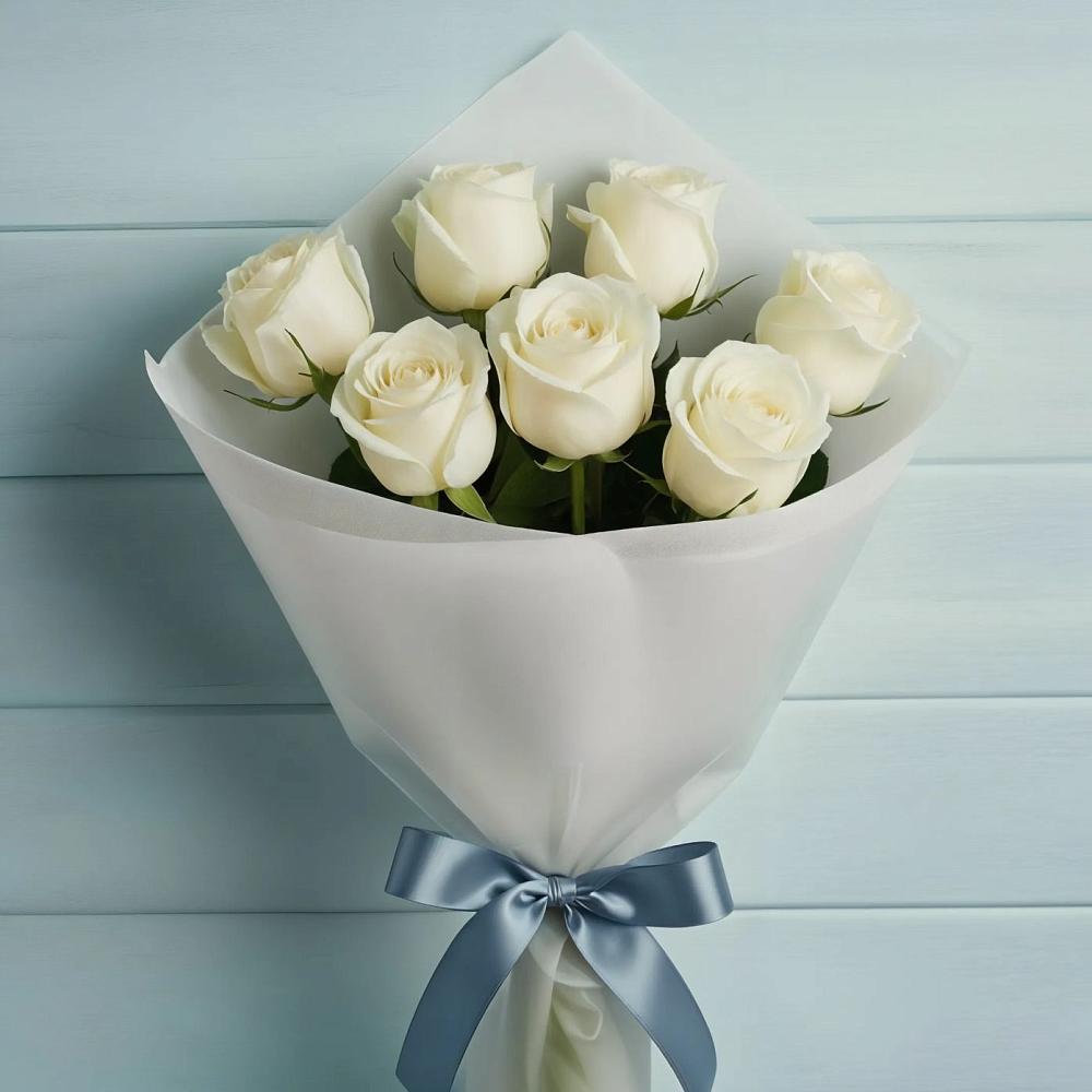 Букет 7 Белых роз Эдлесс Лав в Троицком Сахалинской области