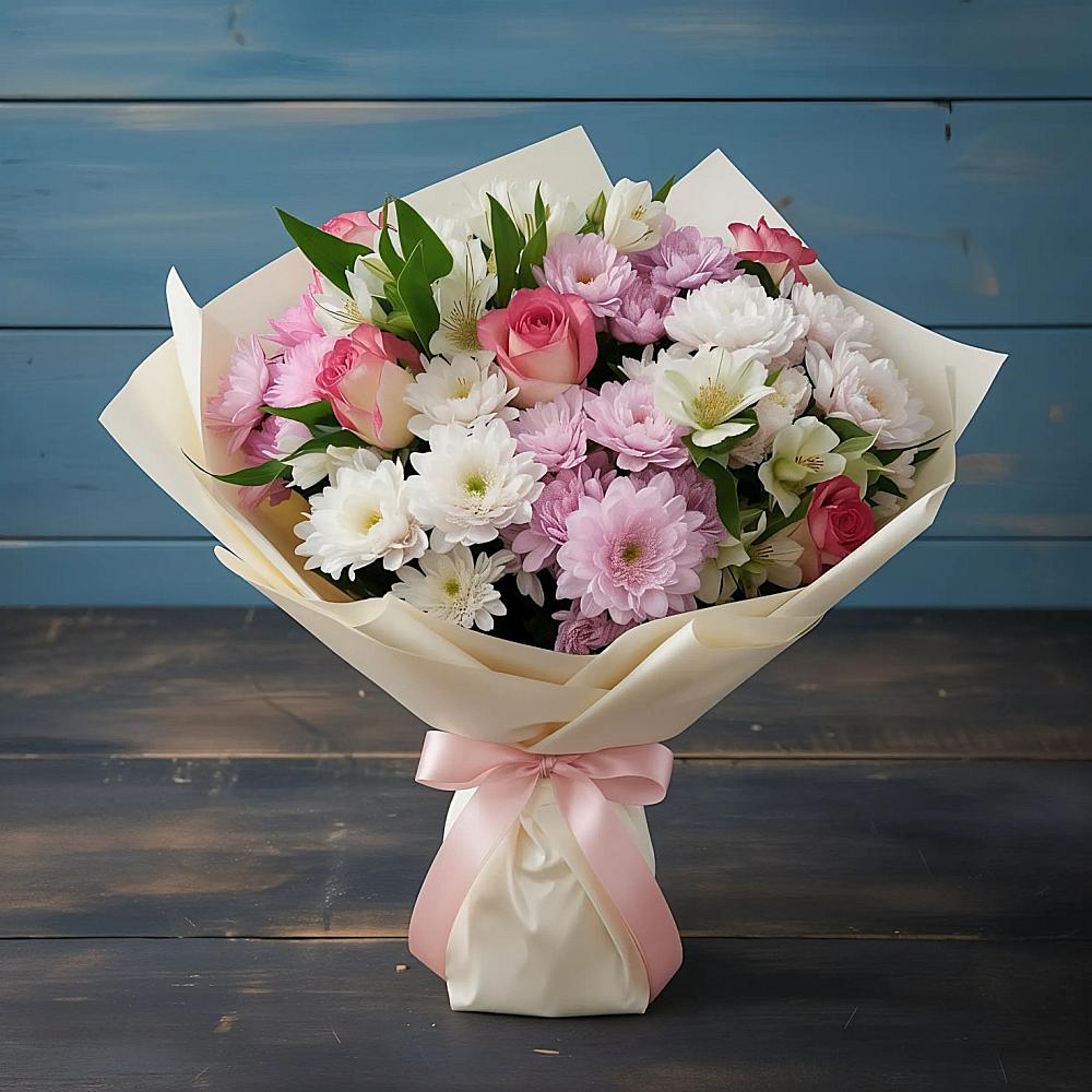 Букет цветов из: Хризантемы, Альстромерии и Розы в Троицком Сахалинской области